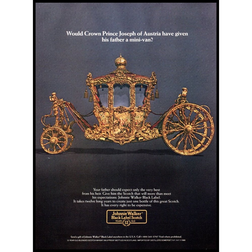 1987 Johnnie Walker Black Label Scotch Vintage Print Ad Golden Carriage Wall Art